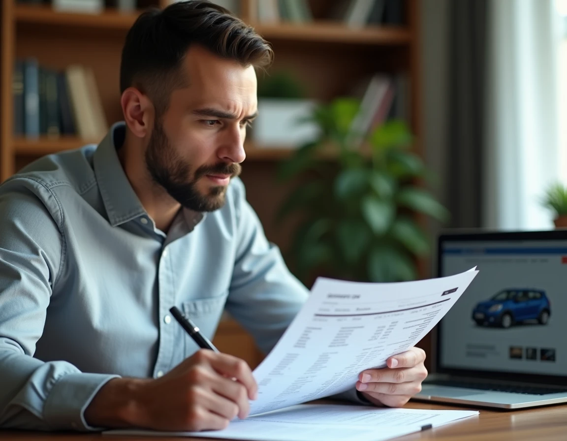 Homme comparant deux fiches techniques de véhicules sur un bureau en bois, erreurs courantes de comparaison automobile