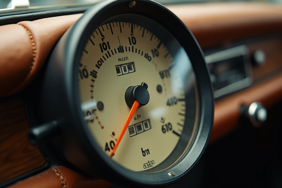 Gros plan d'un compteur de vitesse vintage à double échelle affichant les miles par heure et les kilomètres par heure dans l'habitacle d'une voiture ancienne
