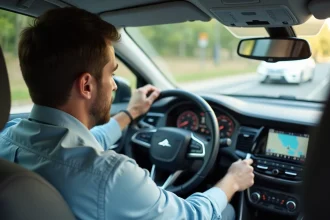 Conducteur en location de voiture examinant le compteur de vitesse affichant mph et kph sur un tableau de bord moderne