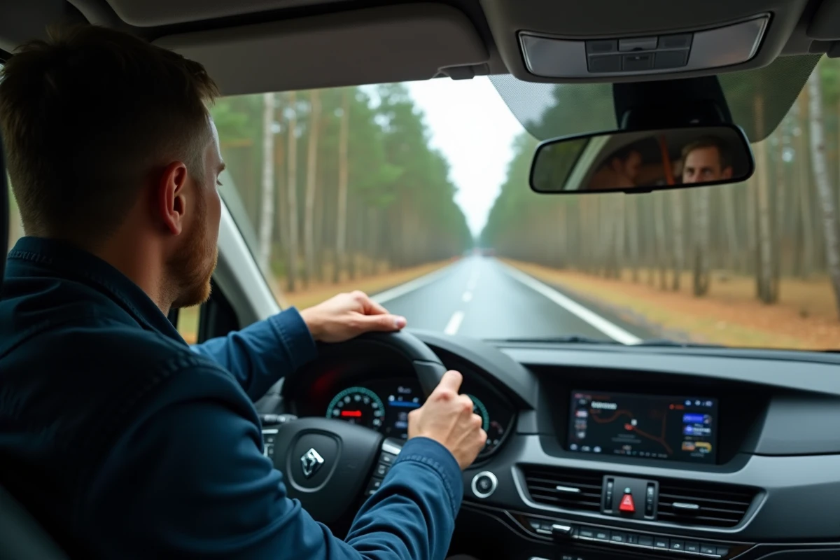Conducteur au volant sur une route nationale lettone traversant une for&ecirc;t de pins et de bouleaux en automne