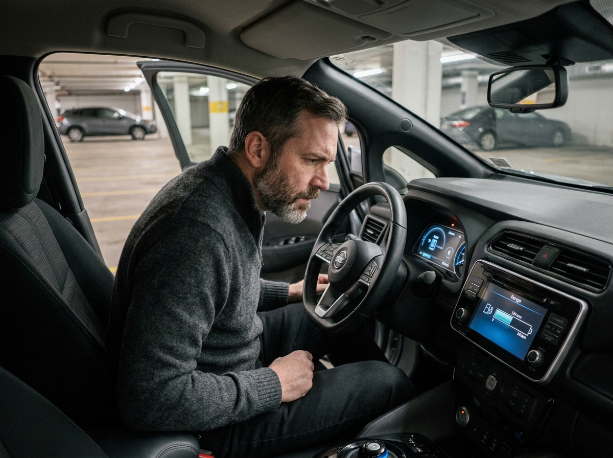Homme examinant le tableau de bord numérique et l'autonomie d'une Nissan Leaf dans un parking urbain