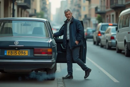 Homme conduisant une vieille voiture diesel avec fum&eacute;e en ville