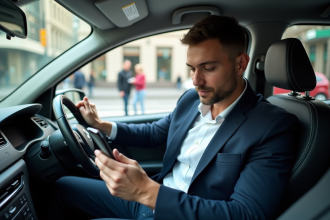 Conducteur homme en VTC utilisant une app sur smartphone