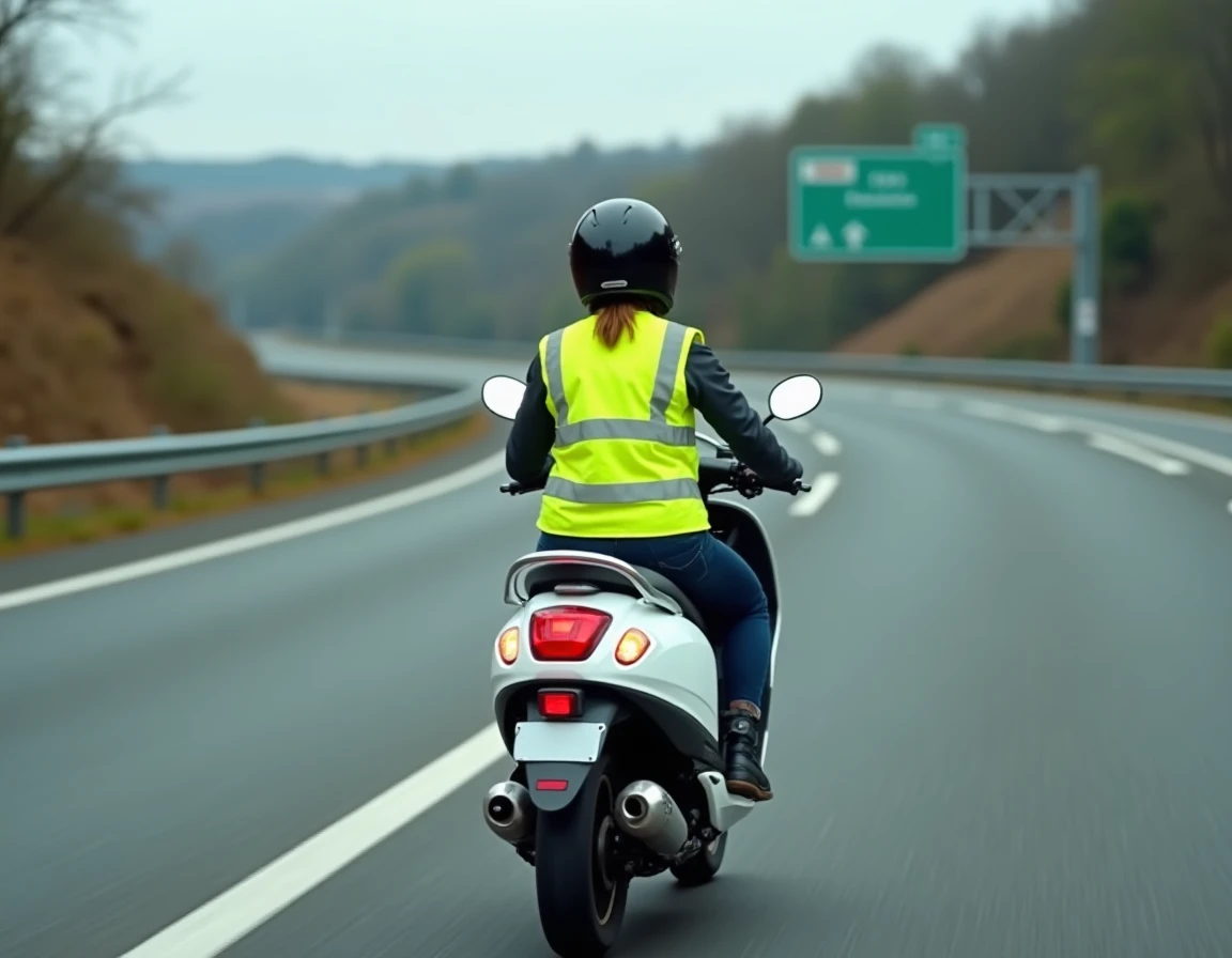 Conductrice de scooter 50cc sur une bretelle d'autoroute portant un casque intégral et un gilet réfléchissant réglementaire
