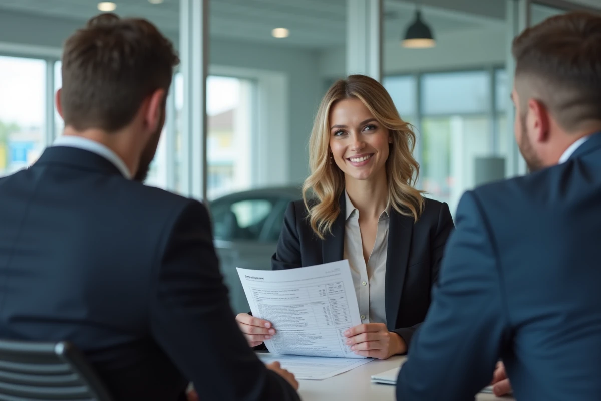 Conseillère service après-vente PF Motor expliquant un rapport d'entretien à un client dans un espace d'accueil moderne