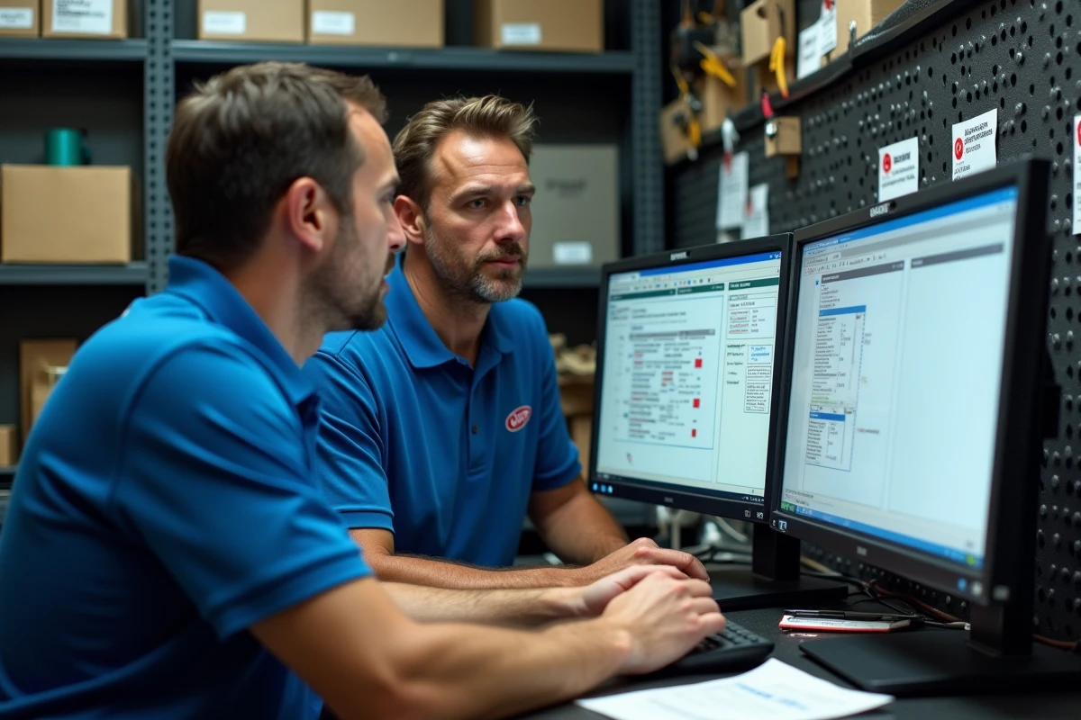 Deux conseillers pièces automobiles analysant ensemble les erreurs fréquentes du logiciel New Dialogys sur poste informatique
