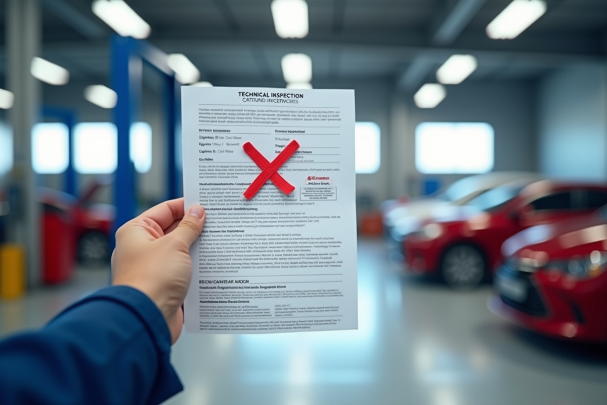 Mains d un mécanicien tenant un certificat de controle technique avec croix rouge