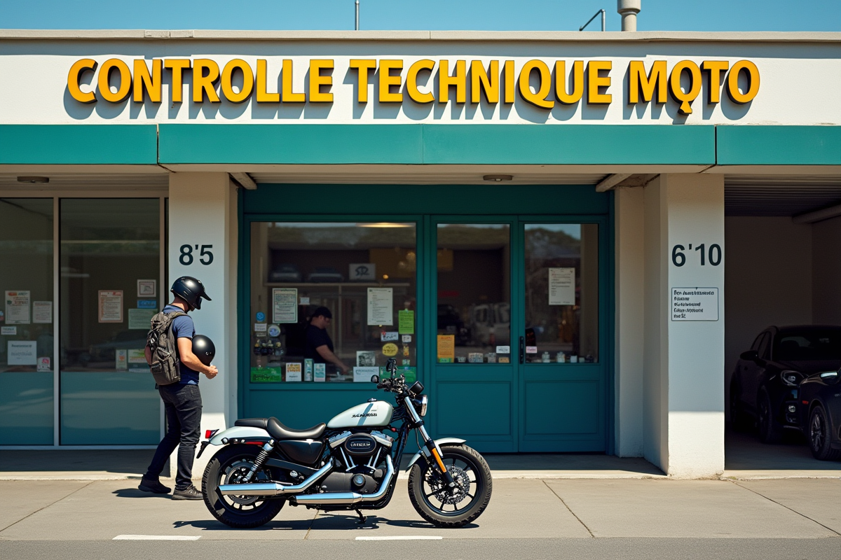 Moto devant centre de contrôle technique moto en plein jour