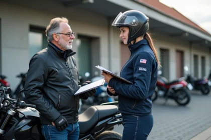 Homme motard et inspectrice en ext&eacute;rieur devant centre technique