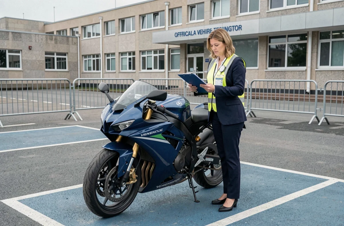 Responsable homologation féminine inspectant une moto haute performance dans un centre officiel de contrôle technique en France