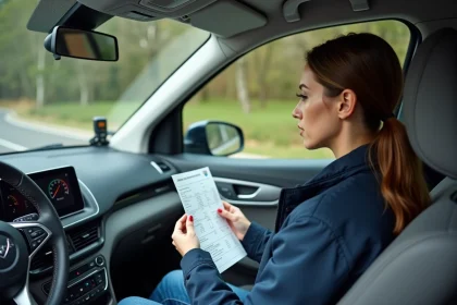 Femme consultant un tableau de conversion mph en km/h dans une voiture de location européenne sur une route française