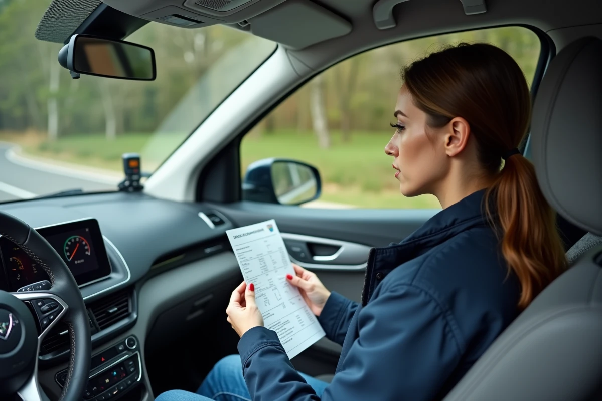 Femme consultant un tableau de conversion mph en km/h dans une voiture de location européenne sur une route française