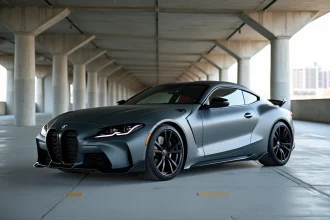Coupé sportif en gris nardo mat sur jantes noires forgées dans un parking en béton brut, prise de vue avant trois quarts au ras du sol