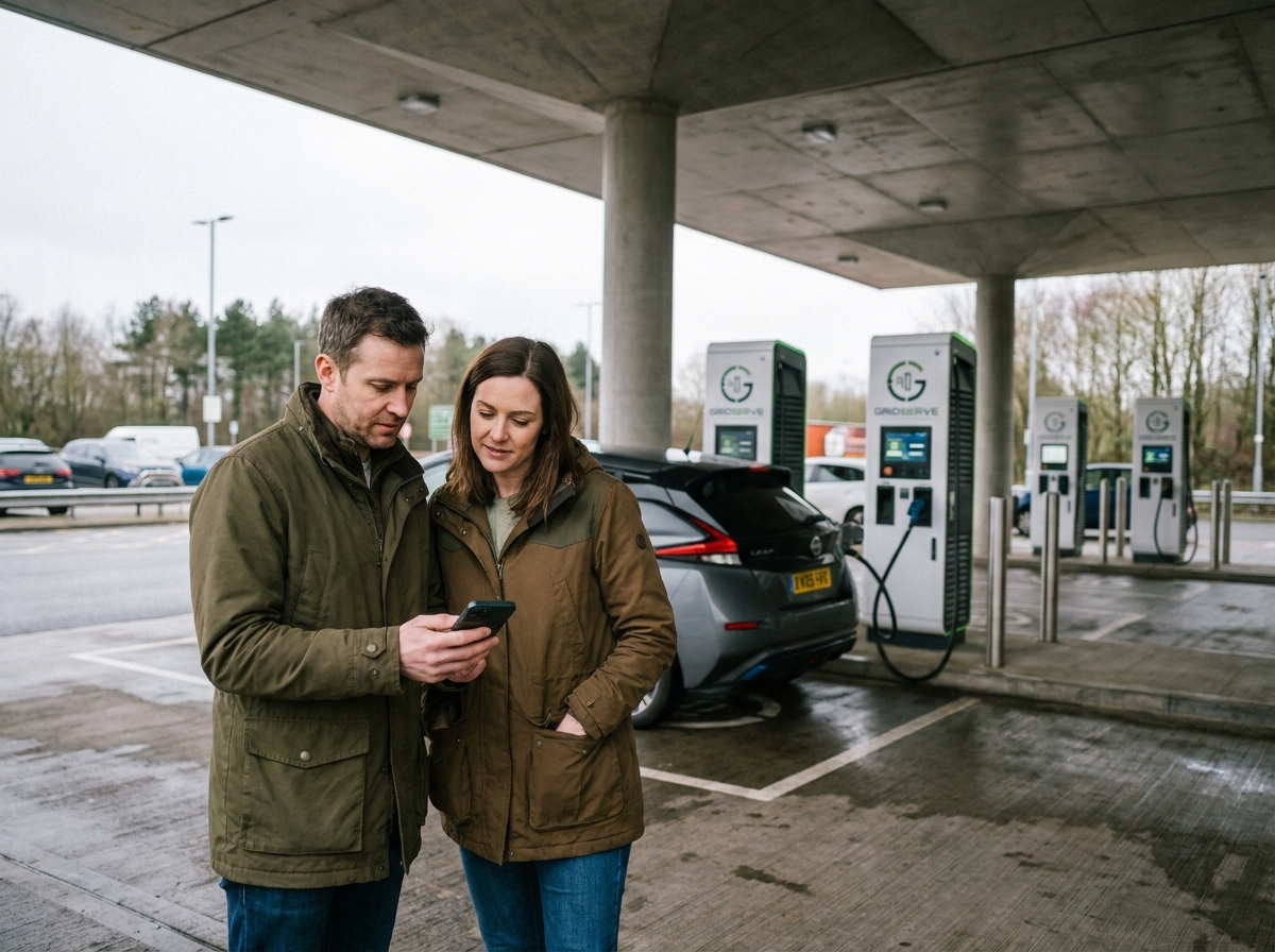Couple consultant une application de recharge devant une Nissan Leaf branchée à une borne rapide sur une aire d'autoroute