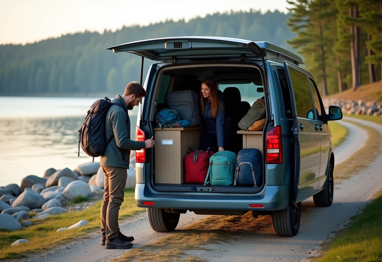 Jeune couple organisant équipement près du van au bord du lac