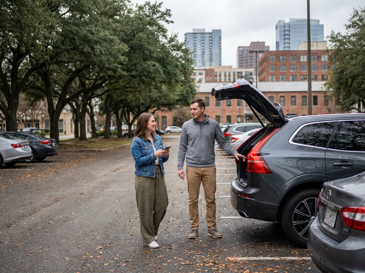Jeune couple souriant près d un crossover en plein air