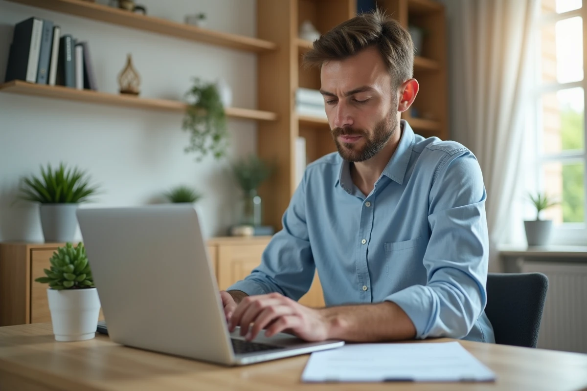 Homme consultant ses démarches de permis en ligne sur un ordinateur portable dans un bureau à domicile moderne
