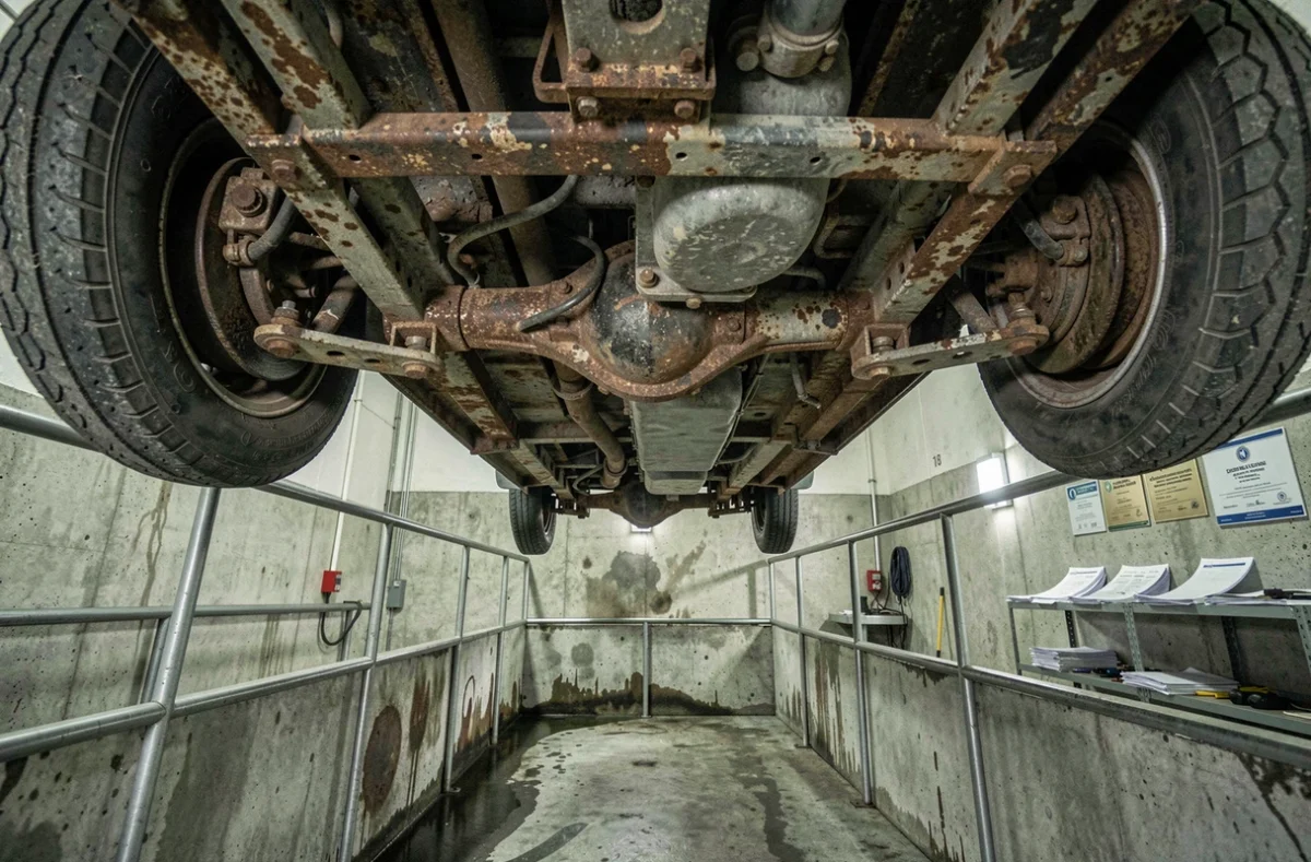 Dessous d'une Renault 4CV ancienne sur pont de contrôle technique révélant rouille et anomalies mécaniques sur le châssis