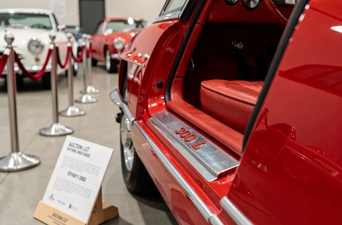 Détail badge et habitacle cuir rouge d'une Mercedes 300 SL lors d'une exposition avant enchères