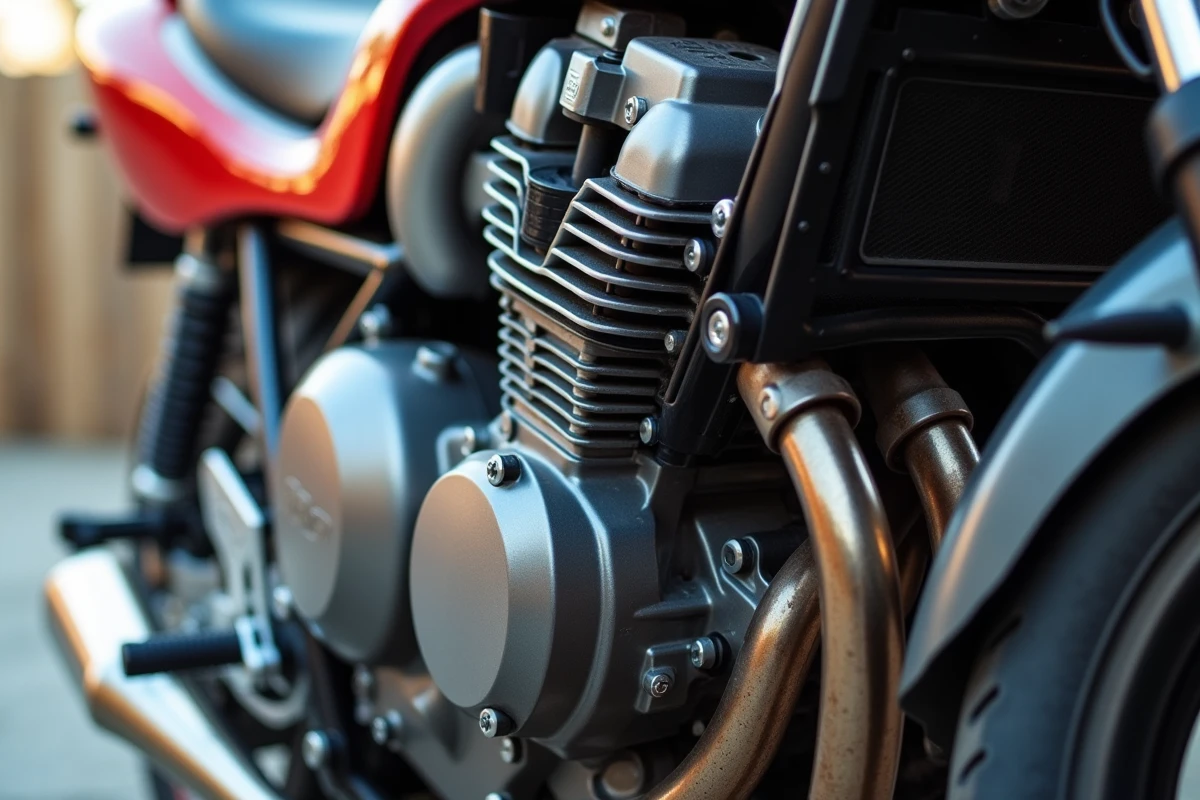 Détail moteur et cadre aluminium d'une Suzuki GSX-R 750 montrant les composants mécaniques et l'usure typique