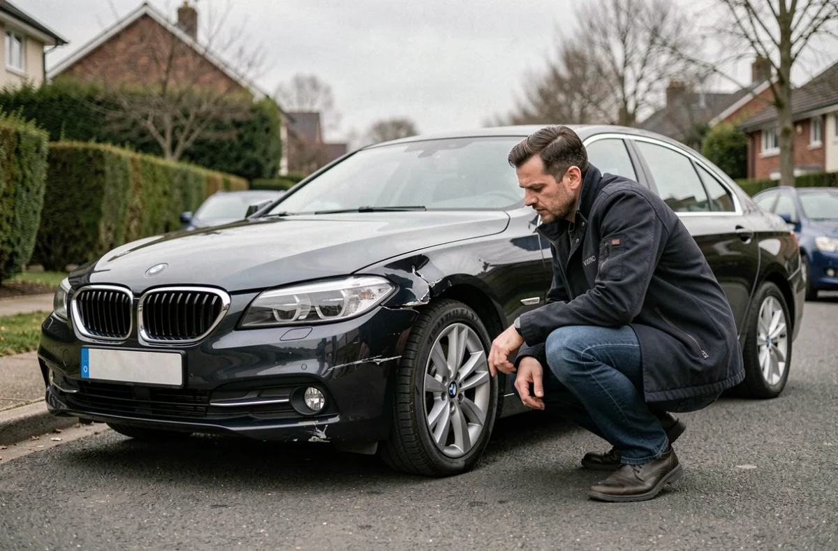 Chauffeur VTC inspectant les dommages sur la carrosserie avant de sa berline noire après un accident, garantie tous accidents