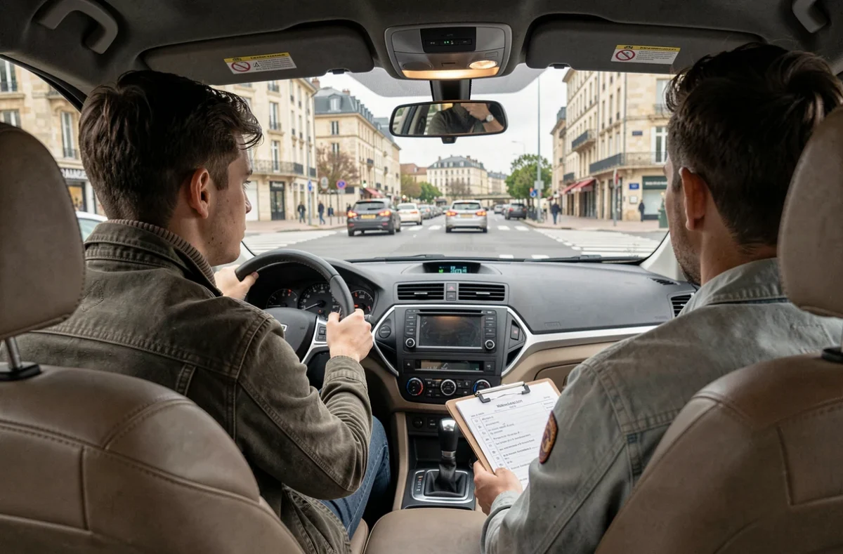 Un élève de la Driving School 2000 de Mâcon au volant dans une intersection animée du centre-ville avec son moniteur