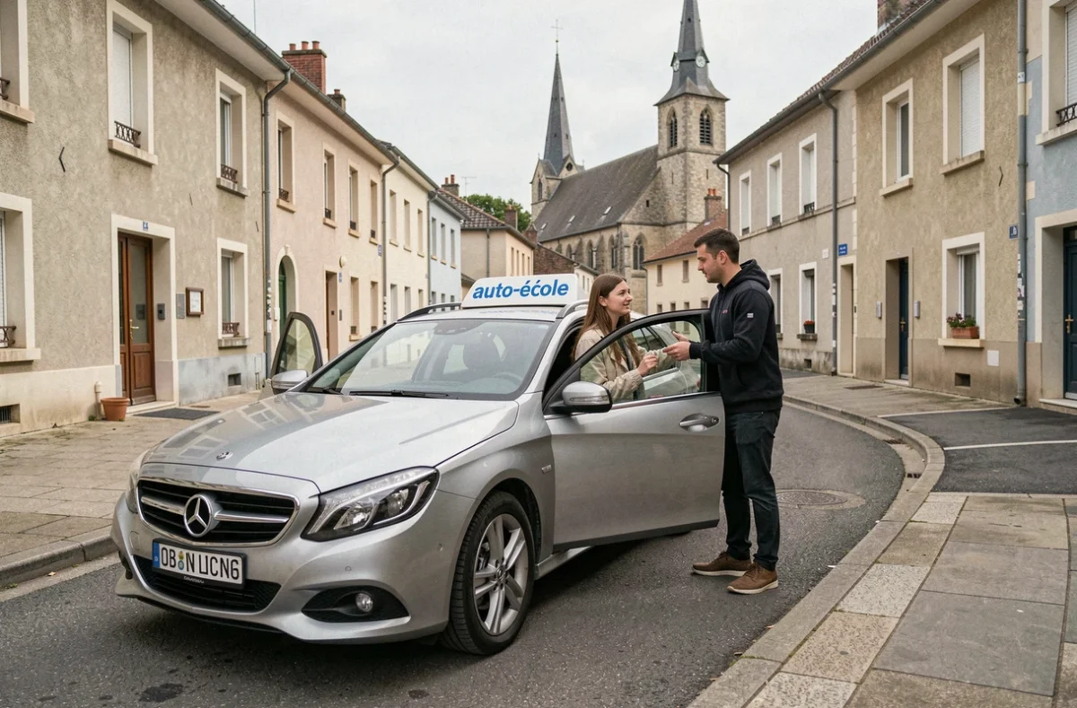 Une élève sortant du véhicule de la Driving School Saint Cosme à Saint-Vallier après une leçon de conduite