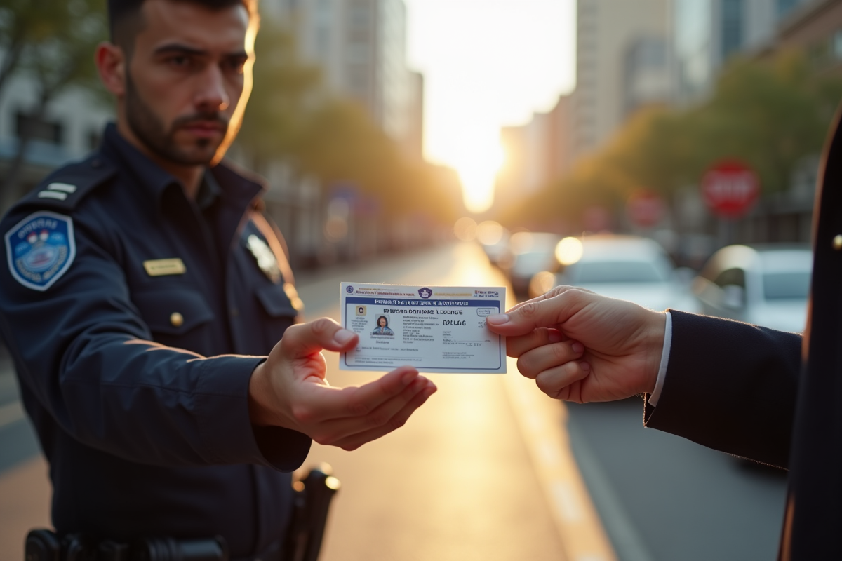 Main remettant le permis à un policier sérieux en ville