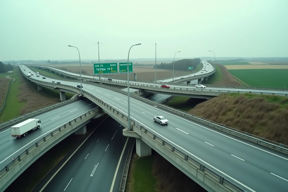 Vue aérienne d'un échangeur autoroutier français avec panneaux verts et bretelles de circulation depuis un pont