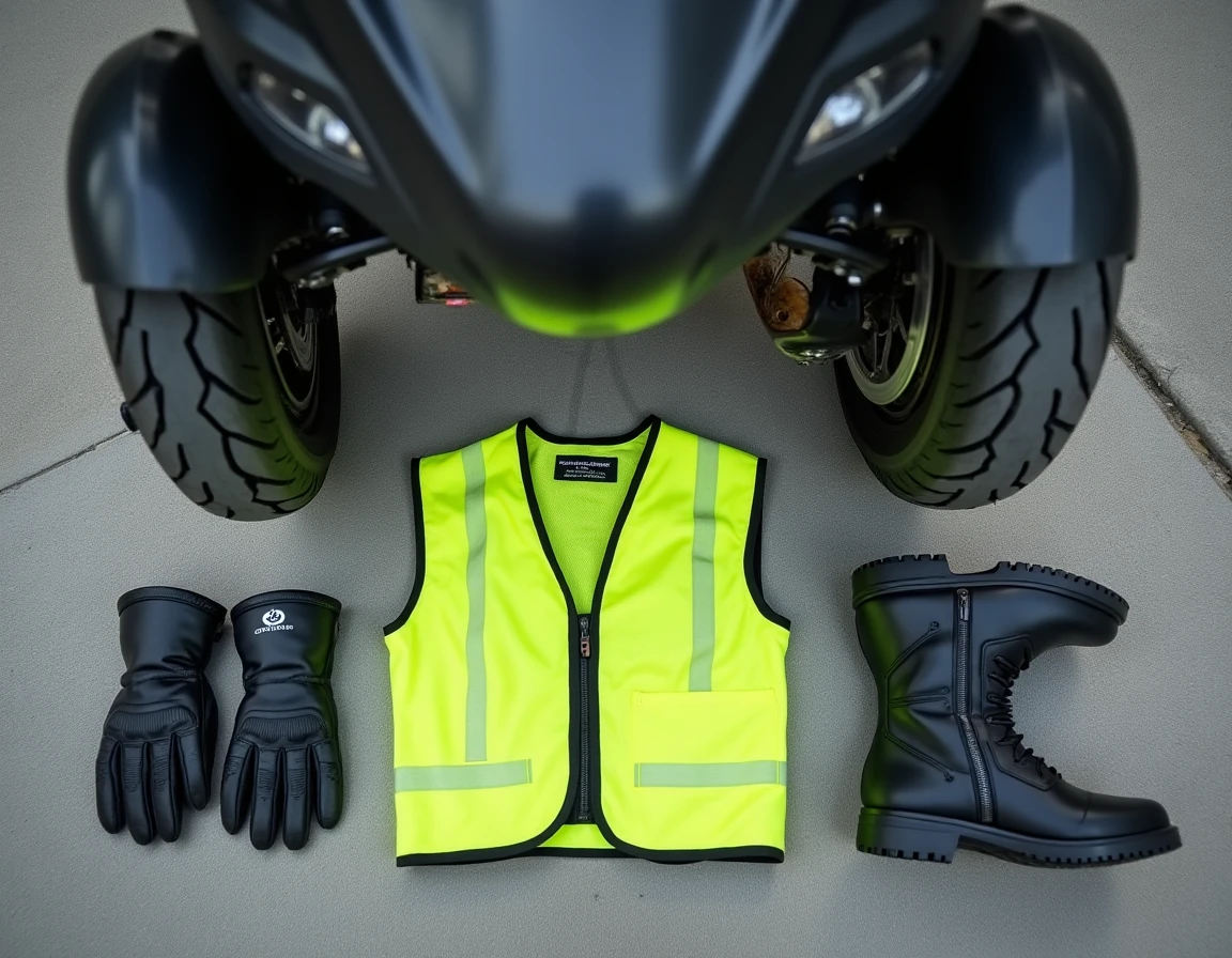 Équipements de sécurité obligatoires pour scooter disposés au sol : casque homologué, gants CE, gilet réfléchissant et bottes moto