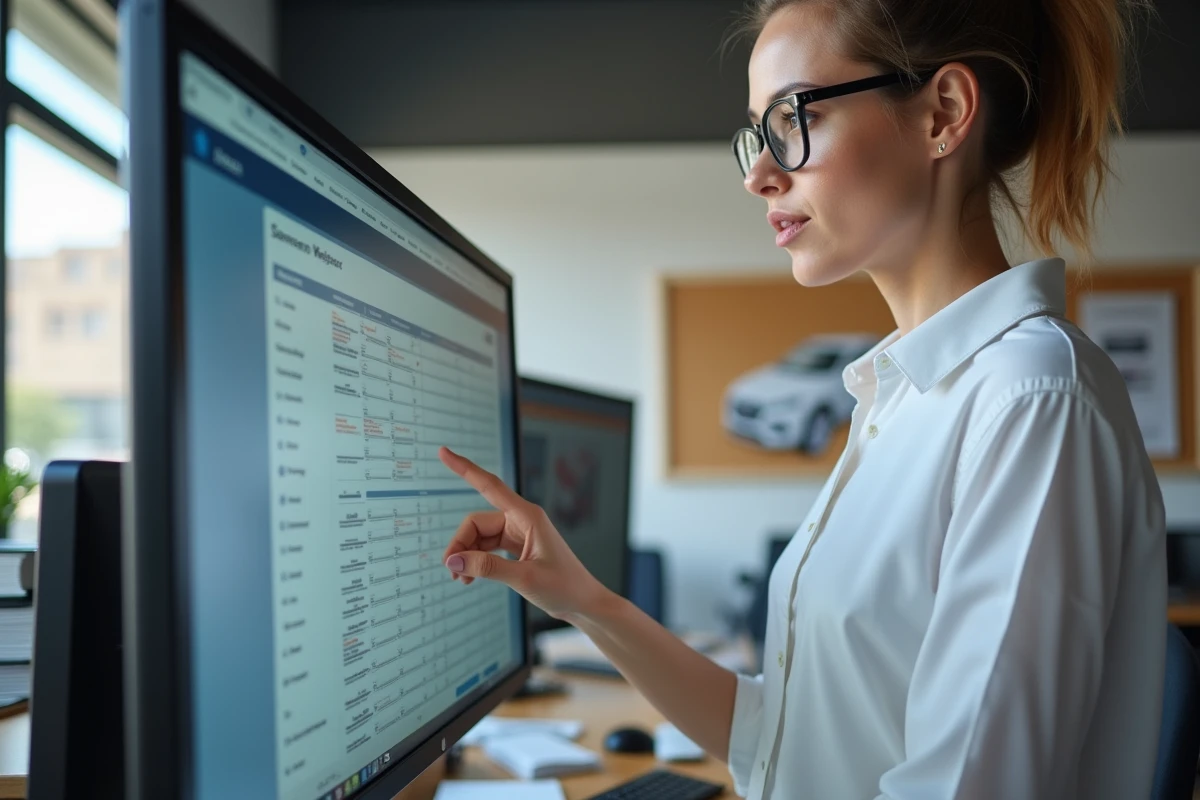 Femme technicienne pointant les menus du logiciel New Dialogys sur un écran dans un bureau de concession automobile