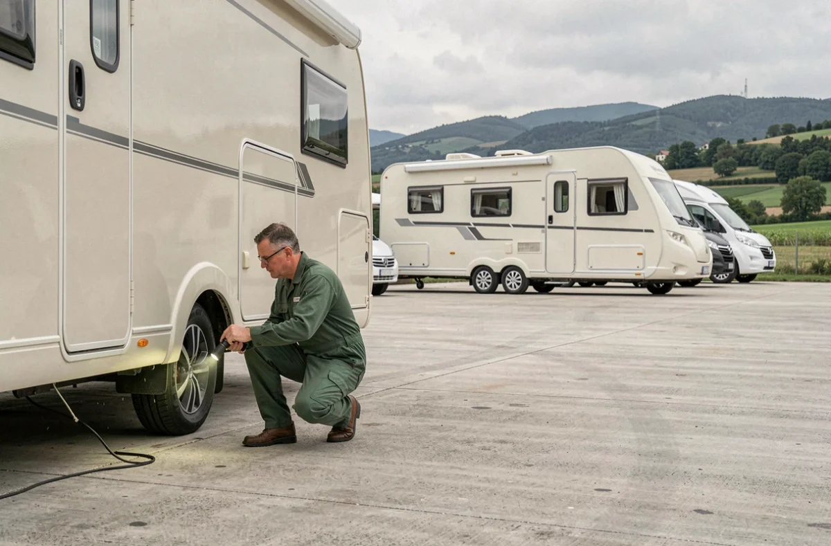 Technicien inspectant un camping-car dans le centre spécialisé véhicules de loisirs Evasion Camping dans la Drôme