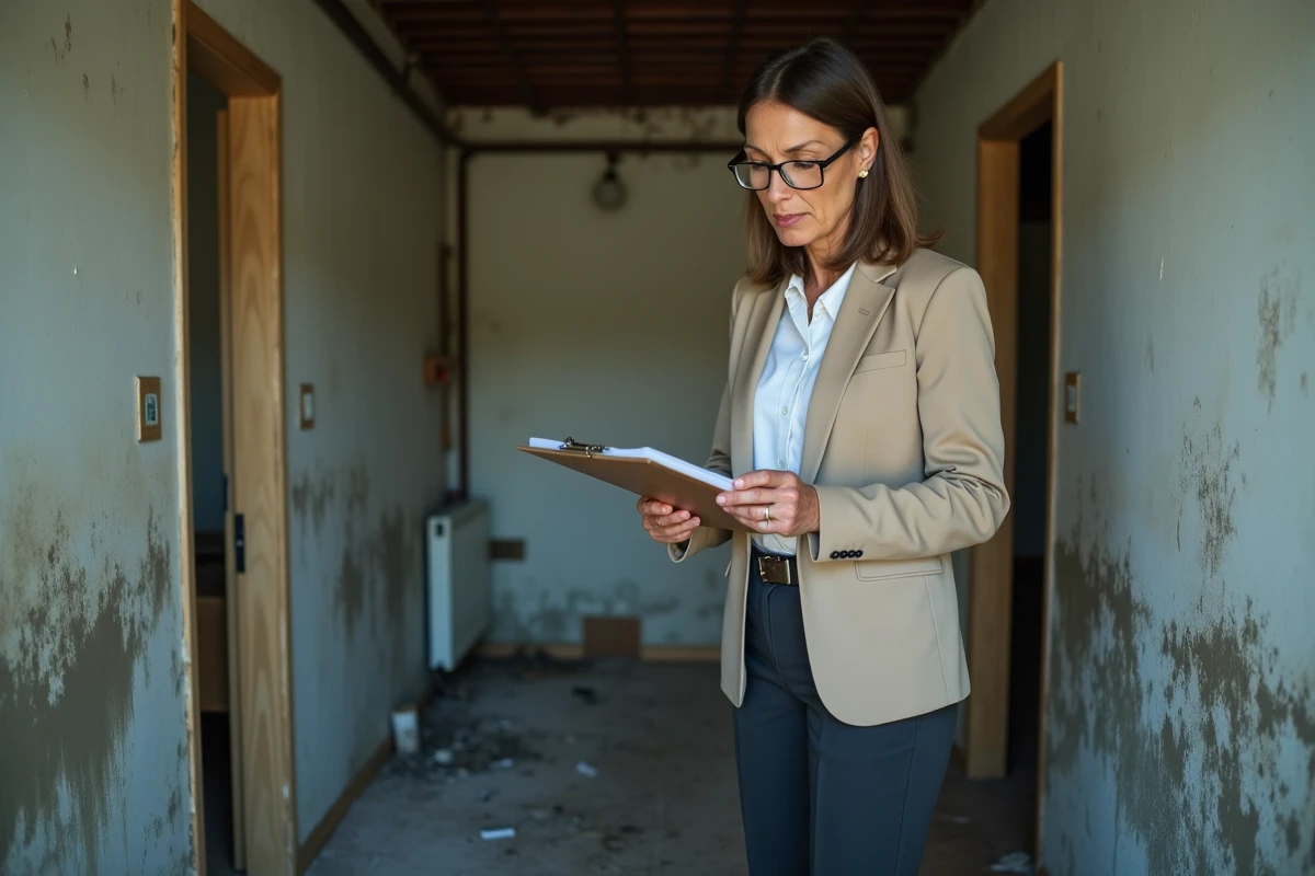 Experte en assurance évaluant les dégâts dans un logement sinistré après dégât des eaux, expertise assurance habitation