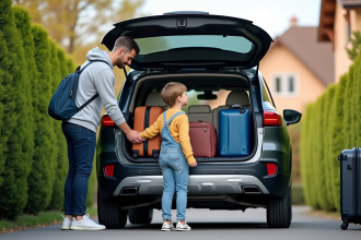 Famille chargant des bagages sur le toit d'une voiture