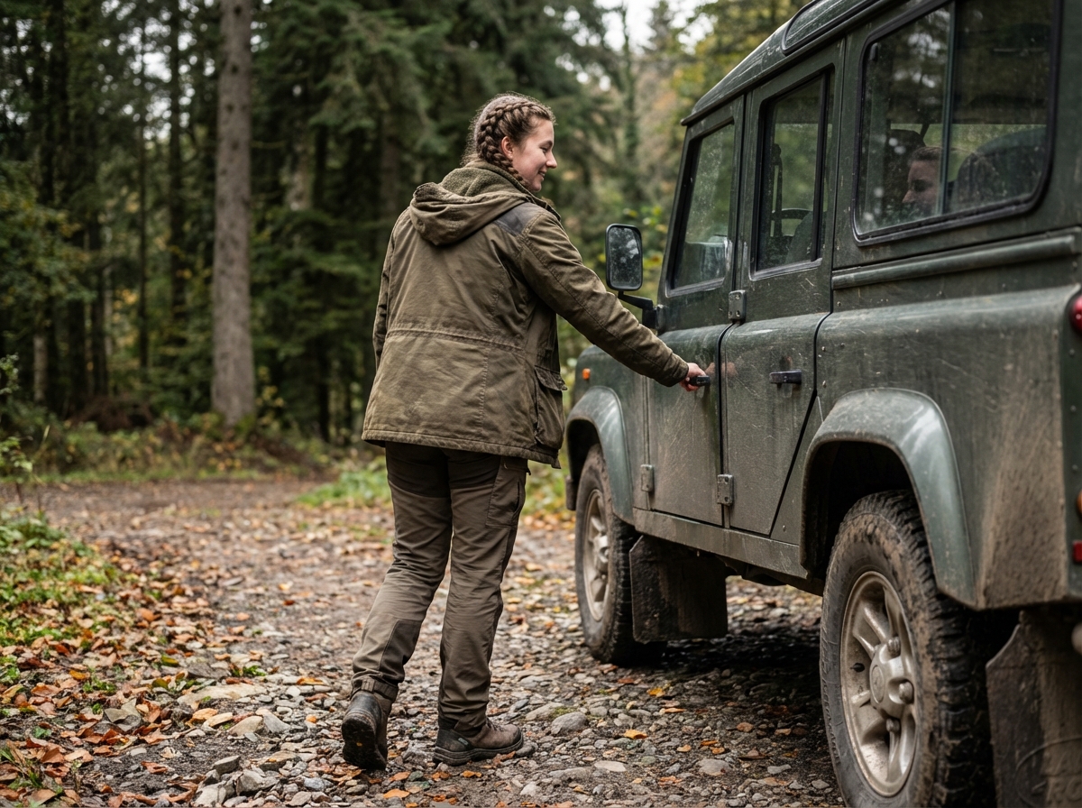 Jeune femme en équipement de randonnée avec 4x4