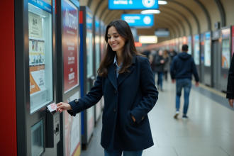 Femme souriante achetant une carte de métro à Paris