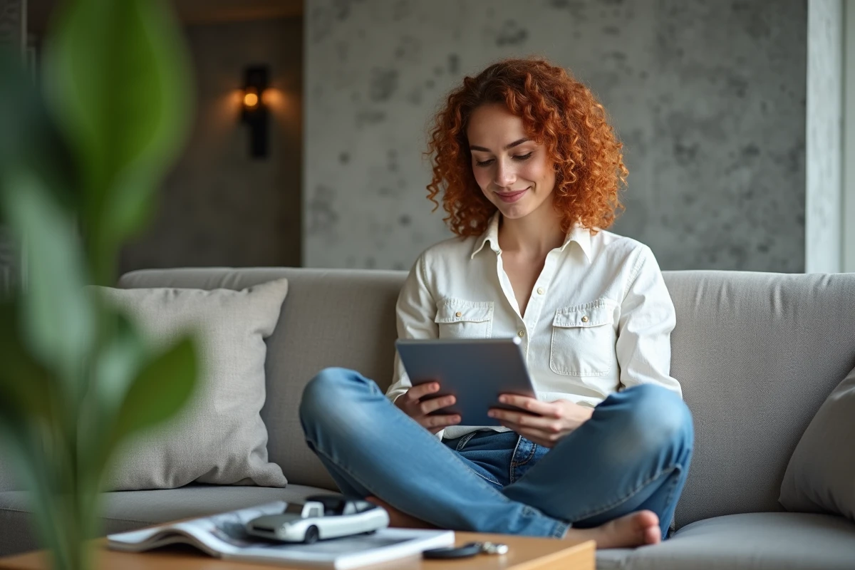 Femme lisant les dernières actualités auto-moto sur une tablette dans son salon