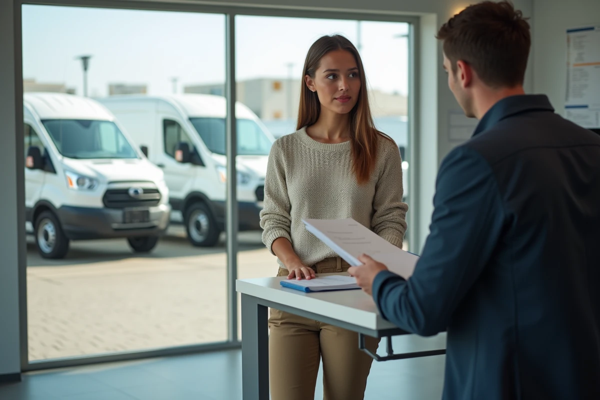 Femme discutant avec agent dans bureau de location