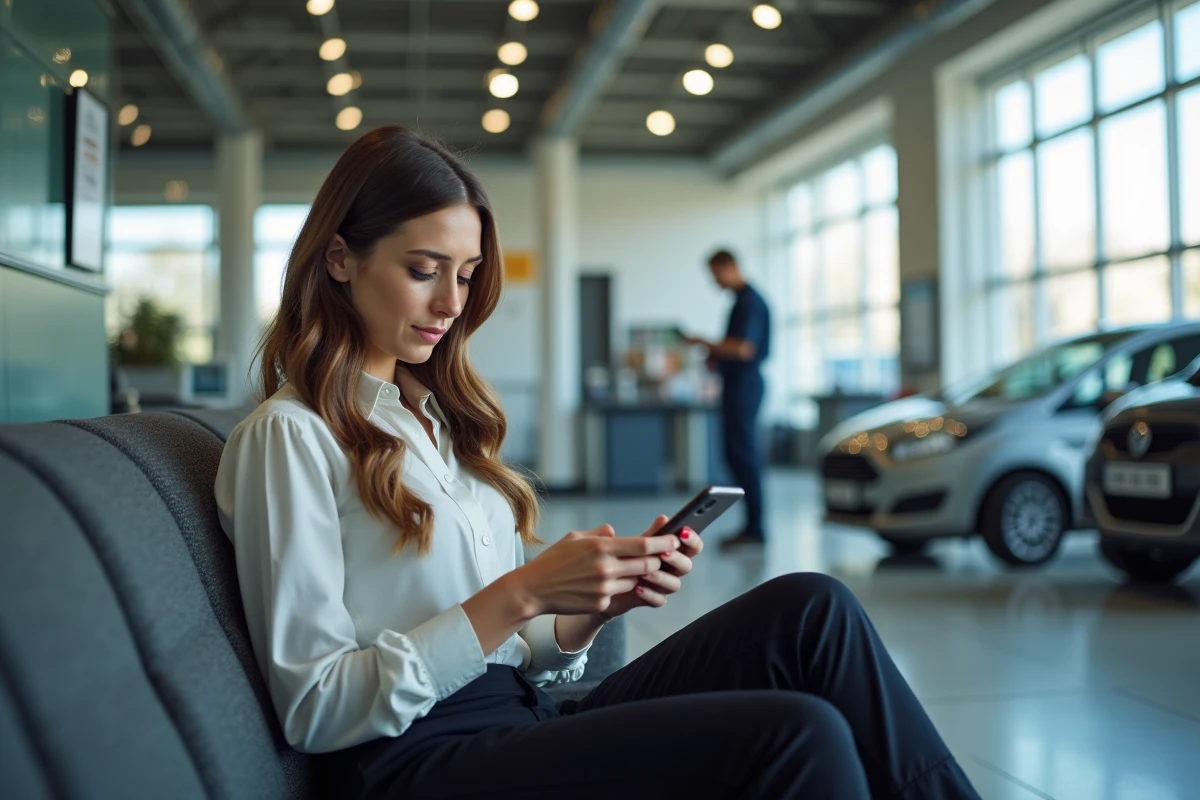 Jeune femme assise dans un centre auto en attente