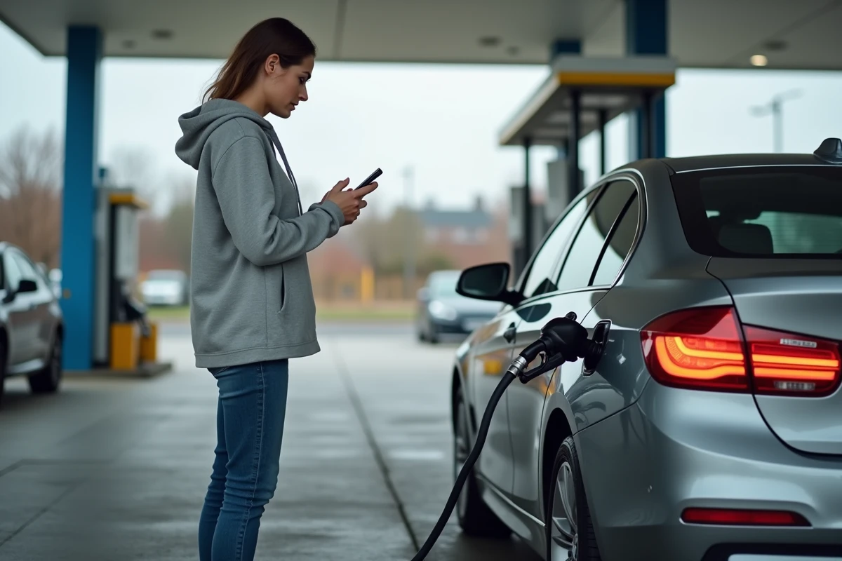 Femme inquiète consultant son téléphone près de sa BMW à la station-service après un mauvais carburant