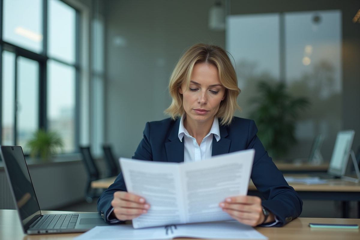 Femme en bureau regardant des documents officiels