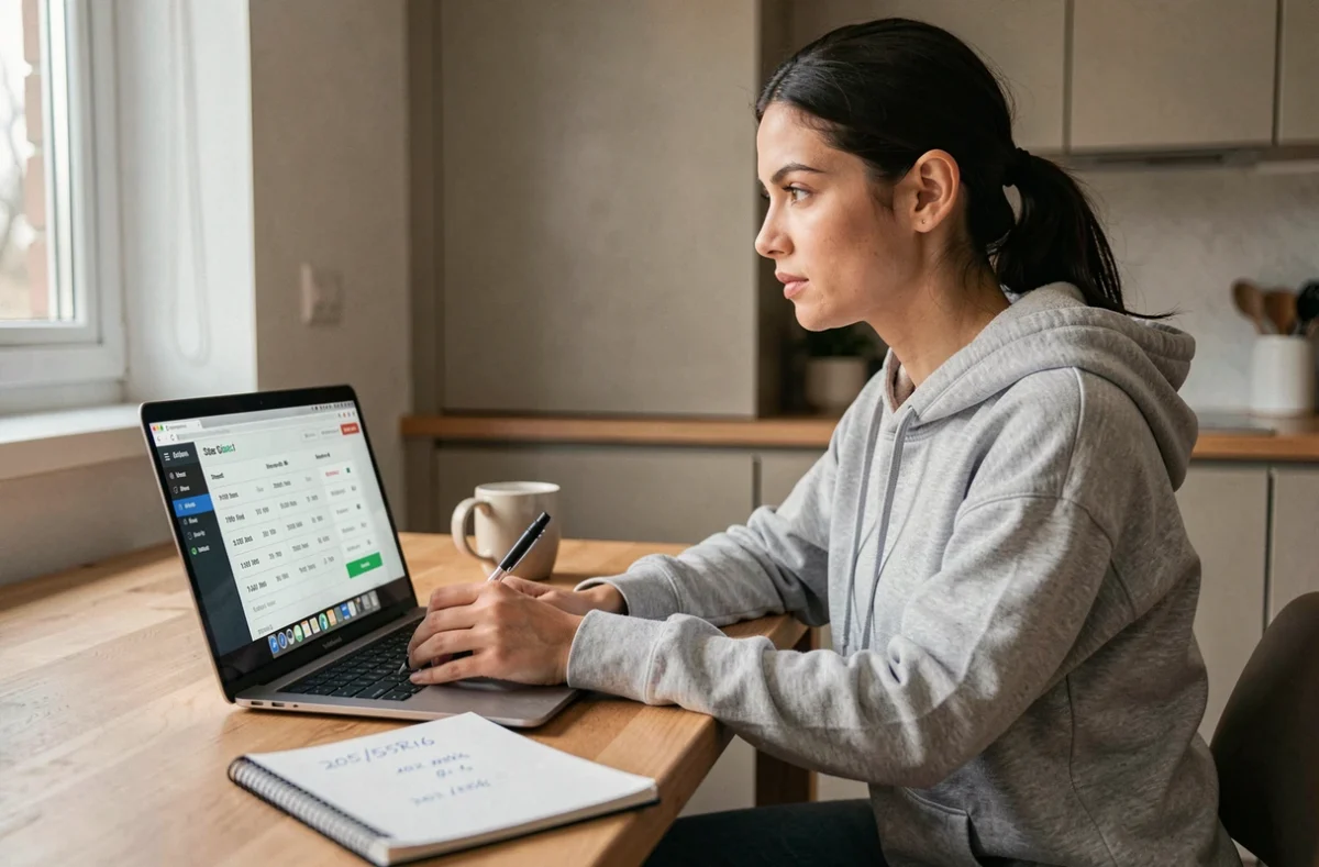 Femme calculant la taille de ses pneus sur un site spécialisé depuis son ordinateur portable à la maison