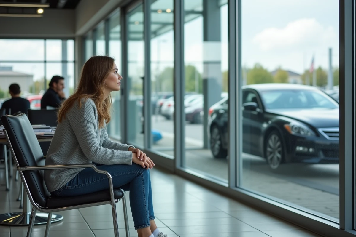Jeune femme assise dans le salon d un centre auto regarde son véhicule
