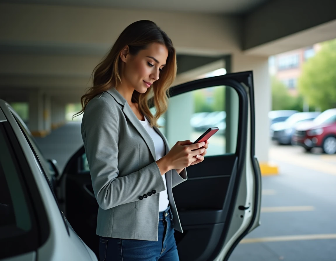 Femme comparant des offres d'assurance auto sur smartphone en tenant compte des chevaux fiscaux de son véhicule