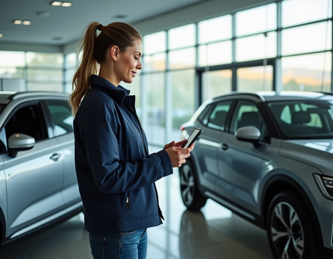 Femme comparant deux véhicules dans une concession automobile avec une application de comparaison sur smartphone