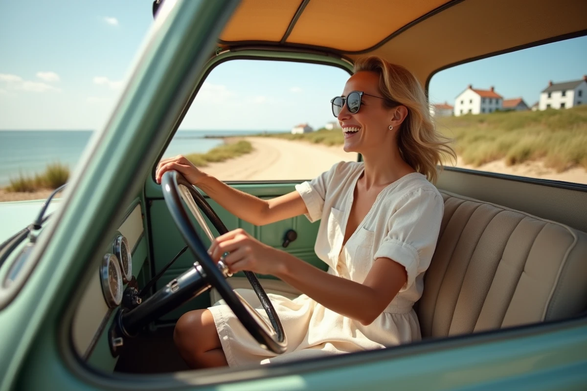 Femme souriante dans une Mini Moke sur la côte