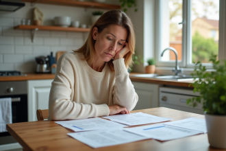 Femme réfléchissant à des documents d'assurance à la maison