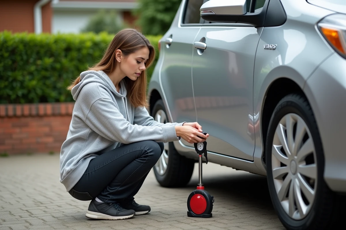 Femme consultant l'étiquette de pression recommandée sur la portière d'une Toyota Yaris Hybride dans une allée résidentielle