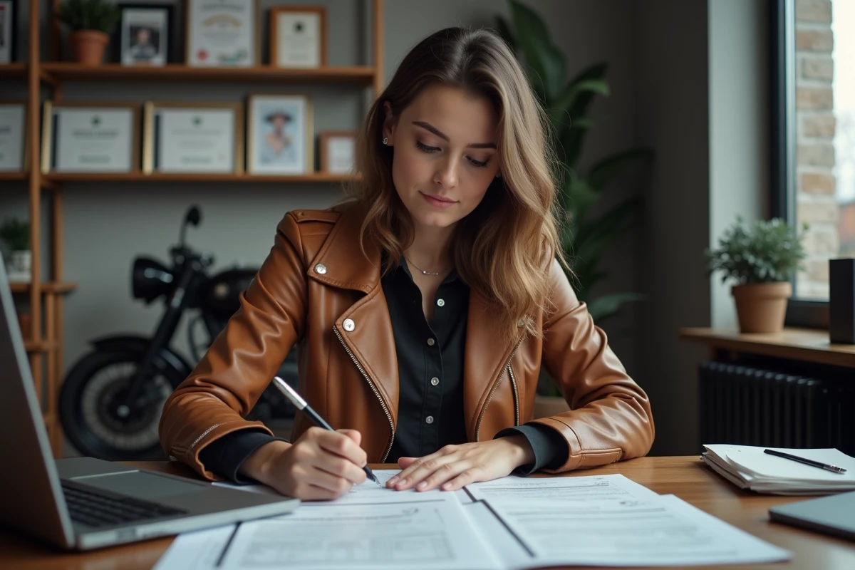 Femme examinant des documents de maintenance moto au bureau