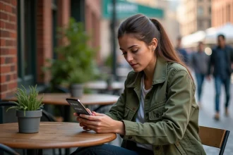 Jeune femme consultant une application de conversion miles en kilomètres par heure sur son smartphone dans un café en terrasse